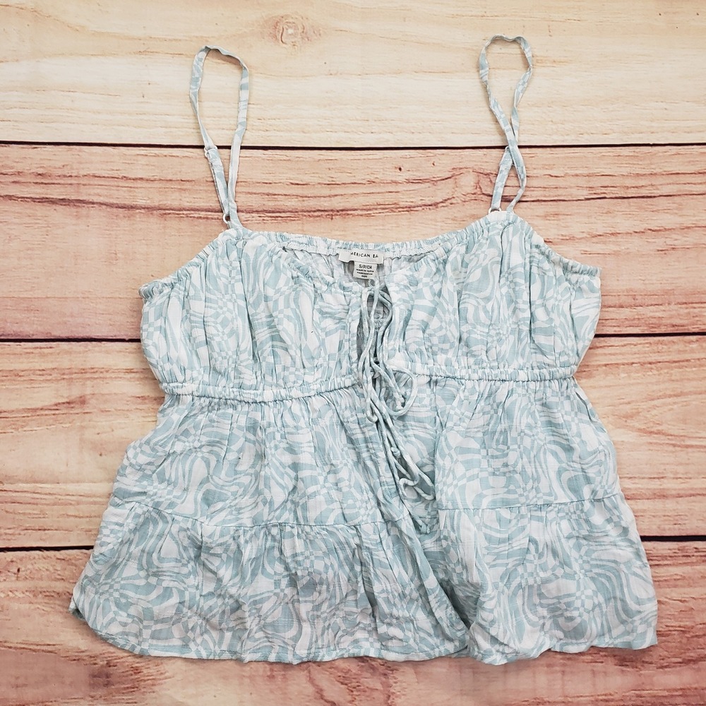 American Eagle Tank Top Womens‎ Small Blue White Cropped Viscose Lace Up Boho